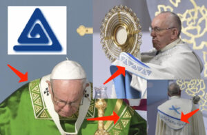 Pop Francis with Pedophile, Little Boy Lover symbol on his stole.